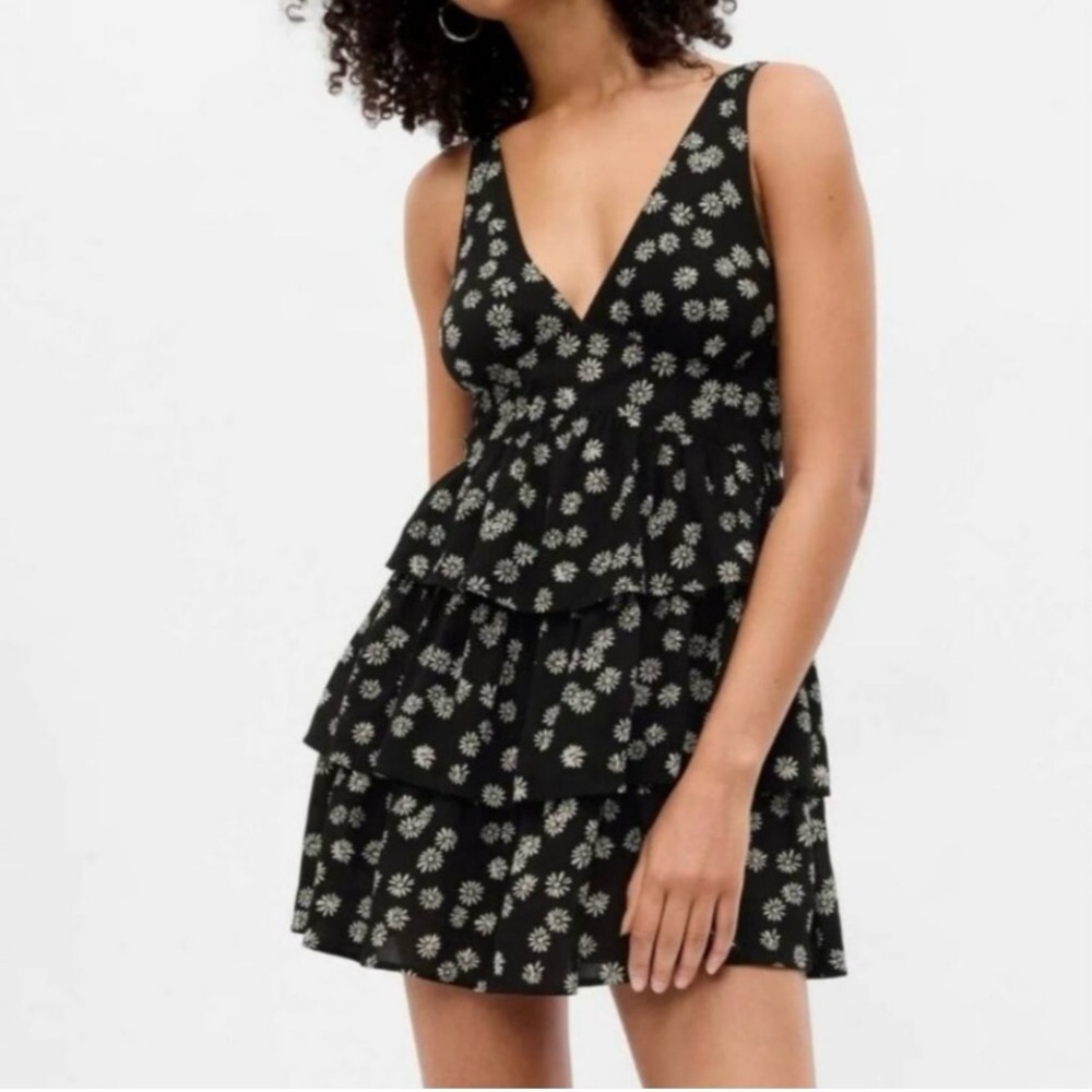 Gap Black Ditsy Floral Bow Tie Back Ruffle Tiered Hem Mini Dress Size Large